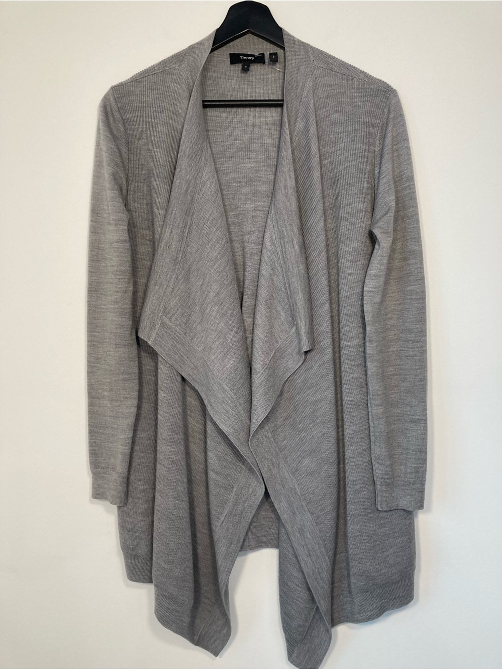 Theory Gray Winxie F Soft Luster 100% Merino Wool Draped Cardigan Sweater S